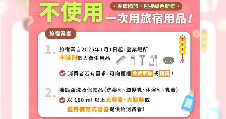 今年元旦起，旅宿業者不得主動提供梳子、牙刷、牙膏、刮鬍刀、刮鬍泡、浴帽等物品。（圖／翻攝自臉書／環境部）