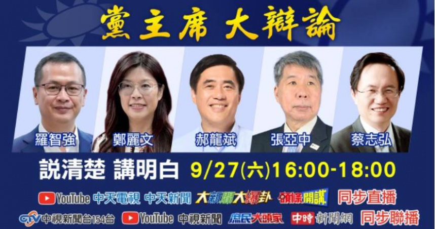 國民黨主席選舉辯論會今日登場，羅智強、鄭麗文、郝龍斌、張亞中、蔡志弘（由左至右）5位候選人同台交鋒。（圖／中天新聞提供）