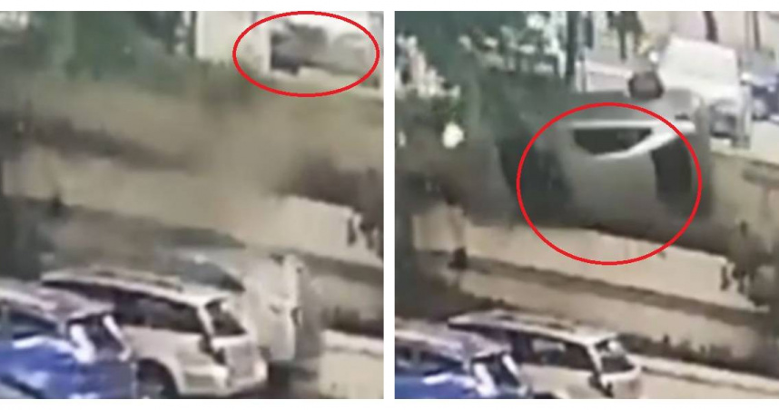 智利聖地牙哥一名86歲婦人駕駛車輛失控翻落約5公尺高的停車場，過程驚險被監視器完整拍下。（圖／翻攝自X，@Claudyz83）
