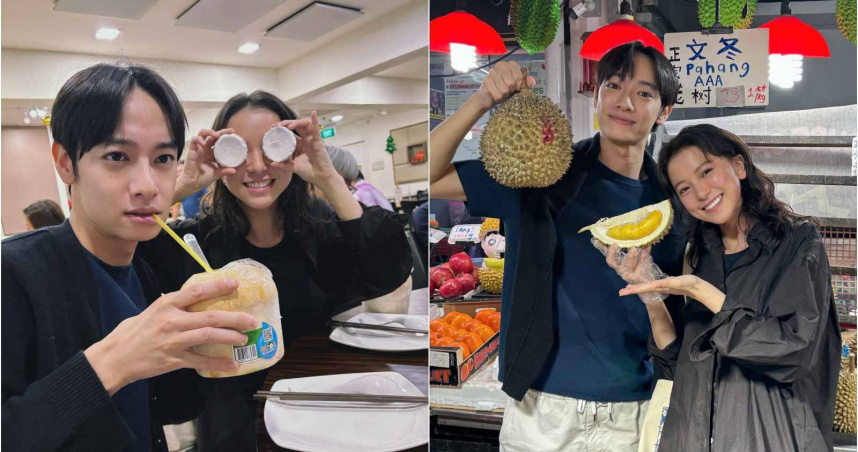 劉修甫（左）、項婕如在新加坡大啖榴槤。（圖／三匠影視）