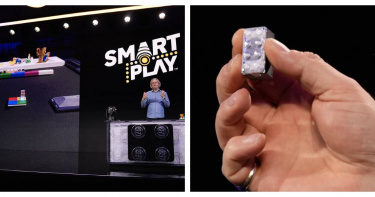 樂高高層於CES展會現場示範智慧積木如何在不接螢幕下啟動聲光互動。（圖／達志／美聯社，下同）