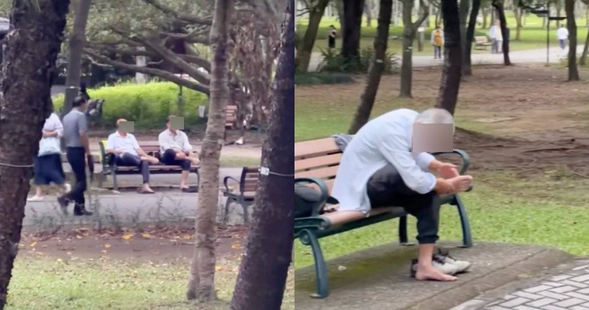 網友拍下大安森林公園眾人拍腳底一幕，好奇發文是否為「潛規則」。（圖／翻攝Threads／＠_xaitlyn）