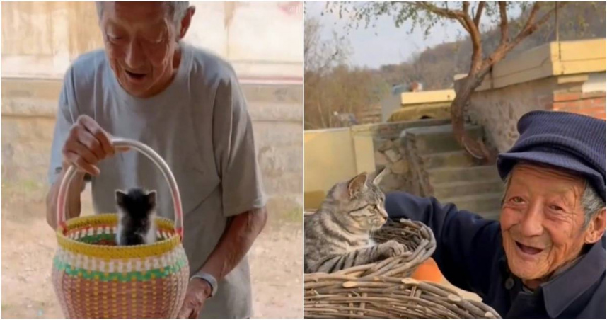 一位年事已高的老爺爺嘴上說著「不要了」、「不養了」把3隻小貓送人，卻不時帶著羊奶、竹製的貓窩、禦寒的衣物等禮物上門探視小貓，而且每次都是一式三份、一樣不敢虧待了小貓。。（圖／翻攝微博）