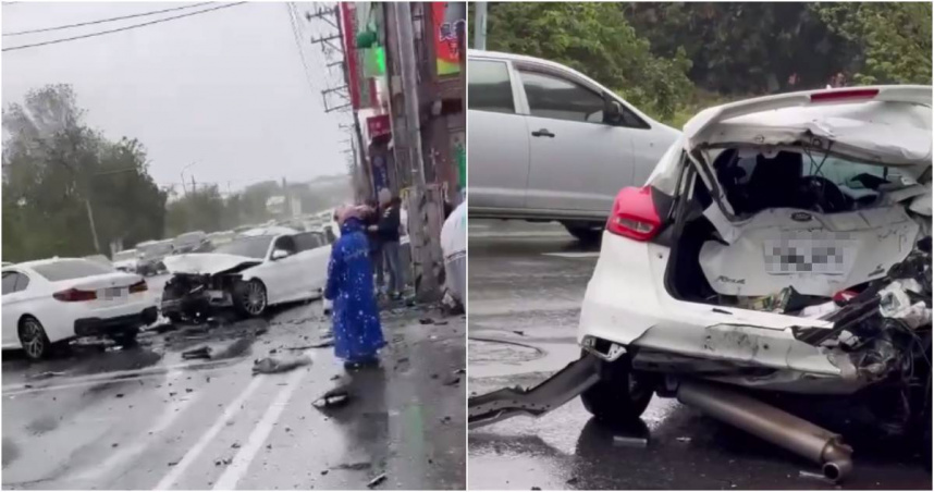 今日上午，中壢一名劉姓老翁駕駛BMW行駛於中正路時，疑似因天雨路滑、油門與煞車失靈，失控推撞路邊2輛自小客與1輛機車，所幸只有1名路過民眾輕傷。（圖／翻攝TG／記者爆料網）