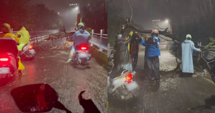 台2乙線上有路樹因大雨倒塌，多位機車騎士合力將其移開。（圖／翻攝自YouTube／WoWtchout - 地圖型行車影像分享平台）