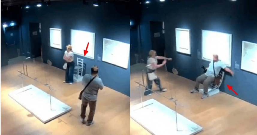 國外一對男女參觀義大利馬費宮博物館，男子偷坐上由千顆水晶打造的藝術品合照卻害椅腳斷裂，全被監視器拍下；而男子拔腿就跑的行為，也遭館方怒斥。（圖／翻攝自Instagram／palazzomaffeiverona）