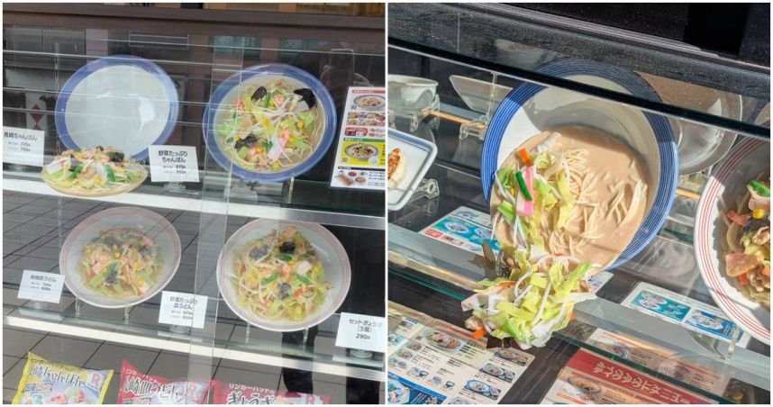 一名住在日本福岡市的網友發現，路邊餐廳櫥窗裡的食物模型，已經因為難敵高溫而融化。（圖／翻攝X）