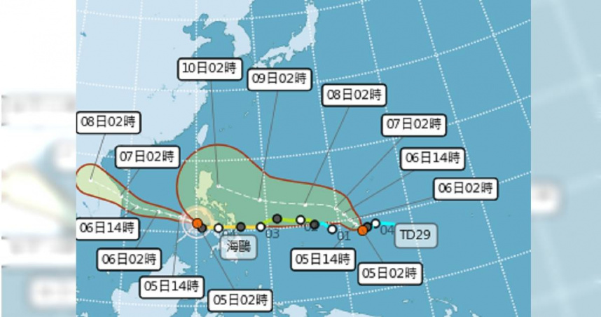 熱帶性低氣壓「TD29」可能在今日增強為今年第26號颱風「鳳凰」。（圖／中央氣象署）