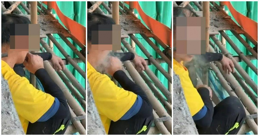 如今香港網友正瘋傳一段影片，疑似是維修工人在鷹架防護網內抽菸的畫面，但是否為真正起火原因仍有待證實。（圖／翻攝香港01）