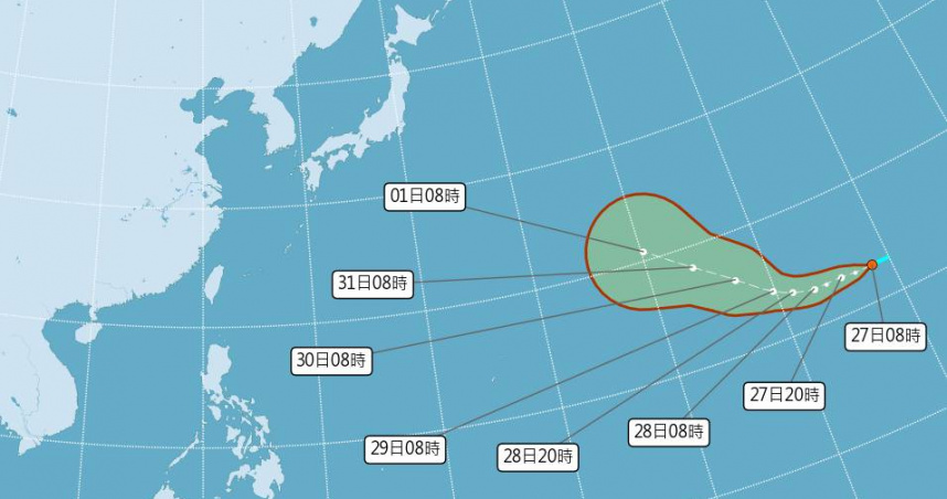 位於中太平洋的熱帶性低氣壓今天（27日）下午正式增強為今年第13號颱風「白海豚」。（圖／氣象署）