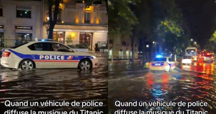 法國警車在淹水路段一邊行駛，一邊播放《鐵達尼號》主題曲《我心永恆》。（圖／翻攝自X／@mvalet_officiel）