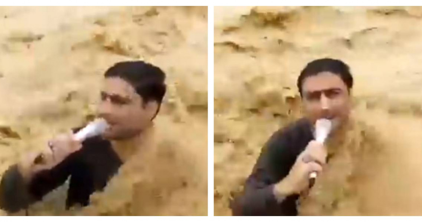 巴基斯坦記者站在洪水中報導，畫面一度被誤傳為殉職現場。（圖／Rohi TV）