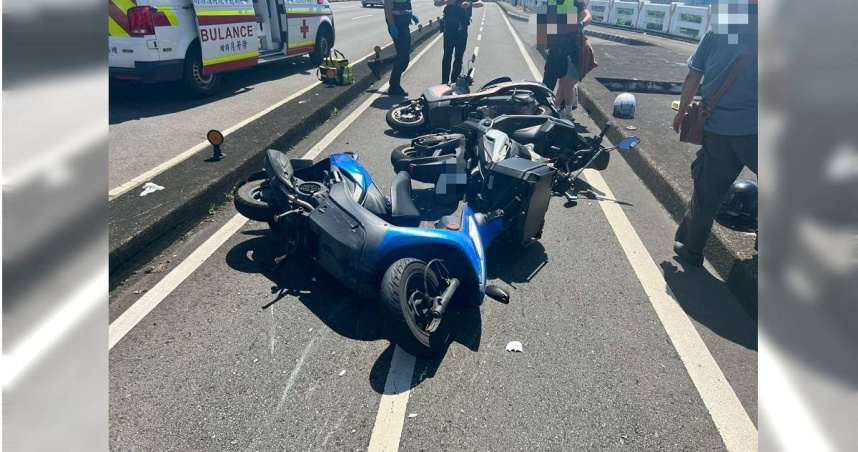 忠孝橋機車道今早發生連環車禍，3騎士受傷送醫。（圖／翻攝畫面）