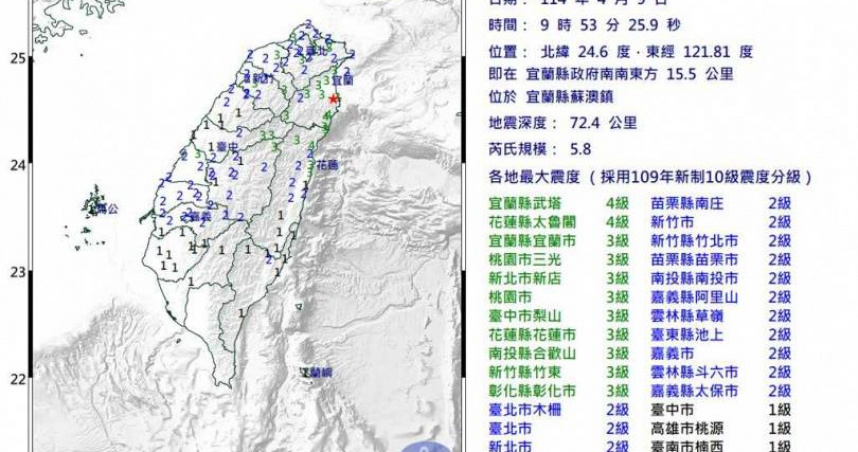 台灣東北部宜蘭縣蘇澳鎮發生芮氏規模5.8地震。（圖／中央氣象署提供）