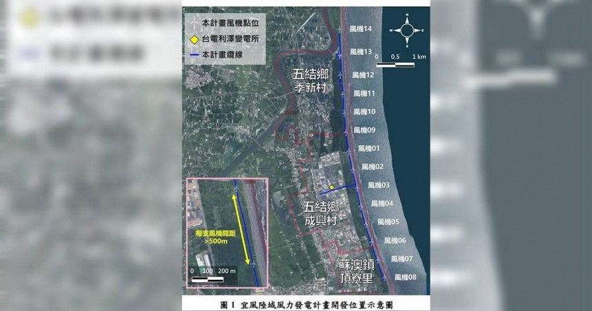 有業者規劃於宜蘭五結鄉至蘇澳鎮之間的濱海地區設置14座陸域風力發電機，引發地方民眾疑慮。（圖／取自吳宗憲臉書）