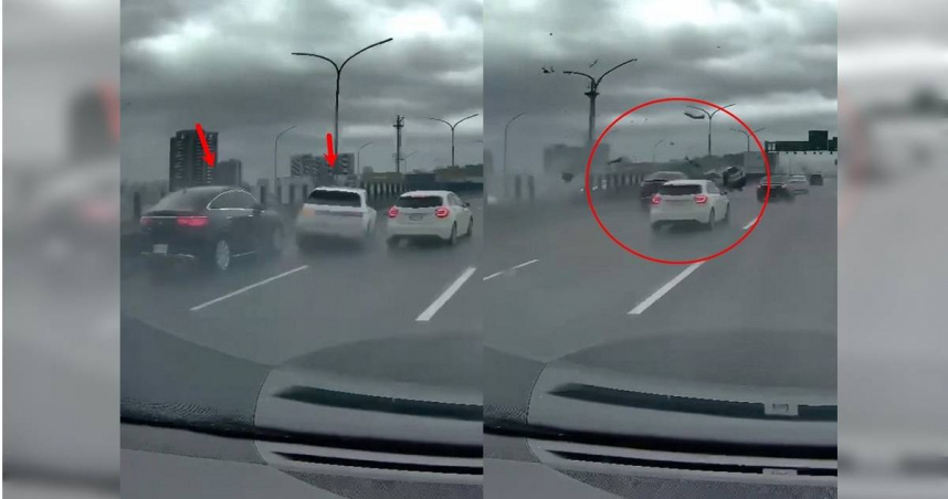 白色休旅車狂飆錯判車距衝撞賓士撞分隔島。（圖／翻攝畫面）