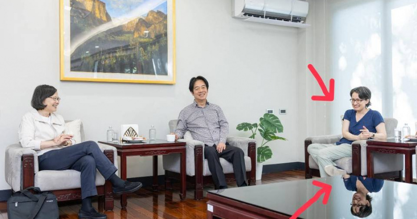 總統賴清德、副總統蕭美琴與前總統蔡英文24日於官邸會晤，有網友發現蕭美琴修圖忘修倒影。（圖／翻攝自蔡英文臉書）