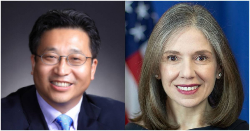 中國外交部駐港特派員公署特派員崔建春（左）、美國駐港澳總領事伊珠麗（右）。（合成圖／翻攝自中國外交部駐港特派員公署、維基百科）