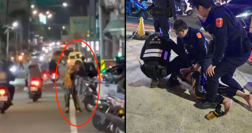 中壢一名男子喝醉失控，拿菜刀沿路砸毀機車。（圖／翻攝Threads／@qn_taiwan）