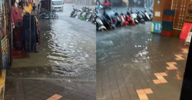 由於瞬間強降雨造成排水不及，公館商圈瞬間淹成小河。（圖／翻攝自Threads chen_toys67）