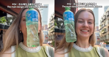 美籍YouTuber莫彩曦分享在台灣街頭頻頻撞上固定廣告布條的水瓶，直呼「在台灣生活最大的危險」。（圖／翻攝自莫彩曦IG）