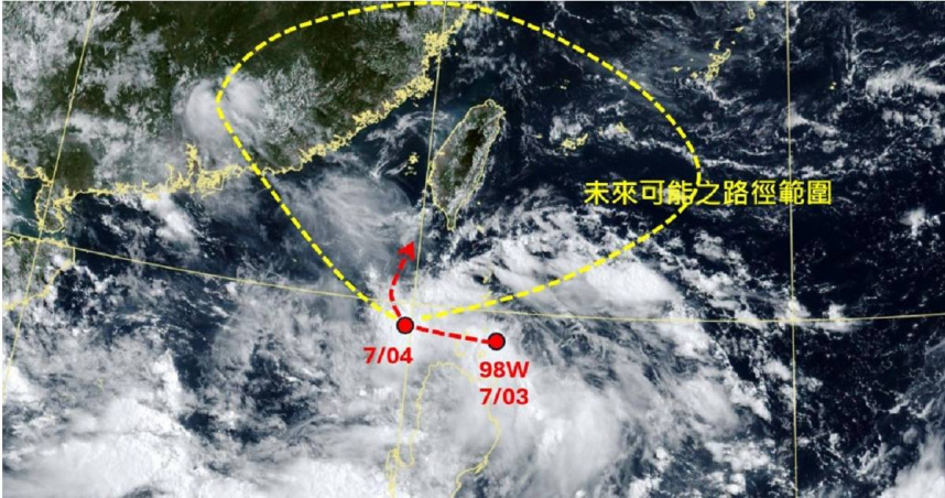 儘管今年第3號颱風「木恩」對台灣並無直接影響，不過氣象專家就示警，位於菲律賓呂宋島的熱帶擾動「98W」，已經來到家門口，未來路徑不排除直接通過台灣。（圖／擷取自Facebook／氣職人-吳聖宇）