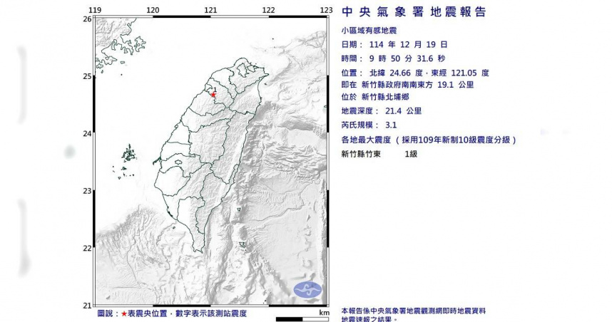 新竹上午9時50分發生芮氏規模3.1的小區域地震。（圖／氣象署提供）