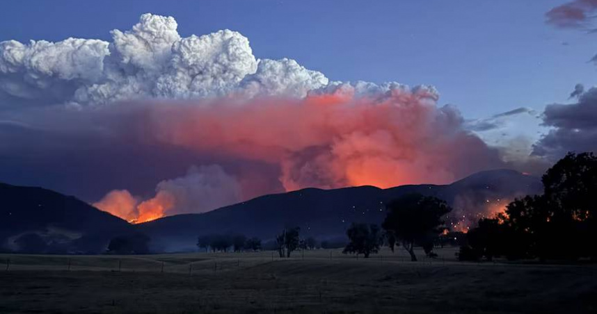 維多利亞州朗伍德地區山火延燒，多棟建築物陷入火海，濃煙密布。（圖／翻攝自X，@CCTVAsiaPacific，下同）