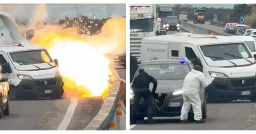 目擊者拍下運鈔車爆炸瞬間，火光與濃煙直衝天空。（圖／翻攝自X，@RT_com，下同）