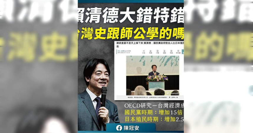 陳冠安於臉書發文評論賴清德台灣史相關言論。（圖／陳冠安臉書）