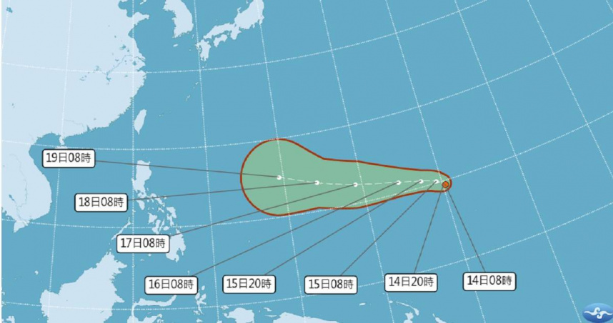 熱帶性低氣壓TD33有發展為輕度颱風的趨勢。（圖／中央氣象署提供）