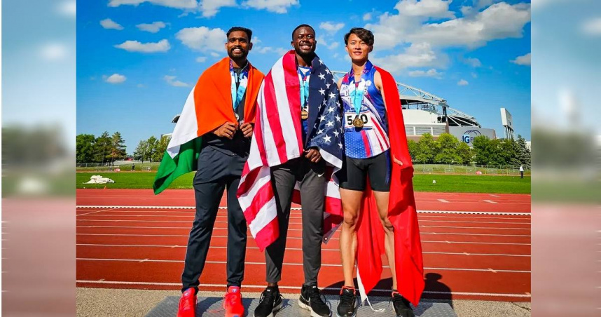 台灣代表選手（右1）於上屆世界警消運動會田徑項目中取得佳績，獲得首面田徑項目獎牌。（圖／翻攝畫面）