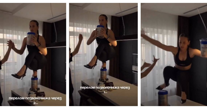 俄羅斯網紅瑪莉安娜挑戰「高跟鞋熱舞」翻車，從廚房流理台跌落重摔受傷。（圖／翻攝自Instagram）