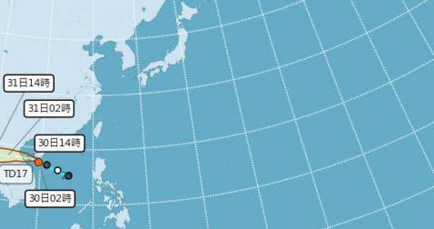 熱帶性低氣壓TD17今（30日）上午8時增強為今年第14號颱風「藍湖」（國際命名：Nongfa）。（圖／翻攝自氣象署）