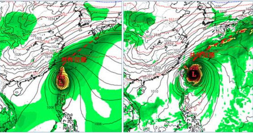 美國模式（右圖）20日20時模擬圖顯示，第1波帶有冷空氣的東北季風南下。（圖／翻攝自「氣象應用推廣基金會」專欄）