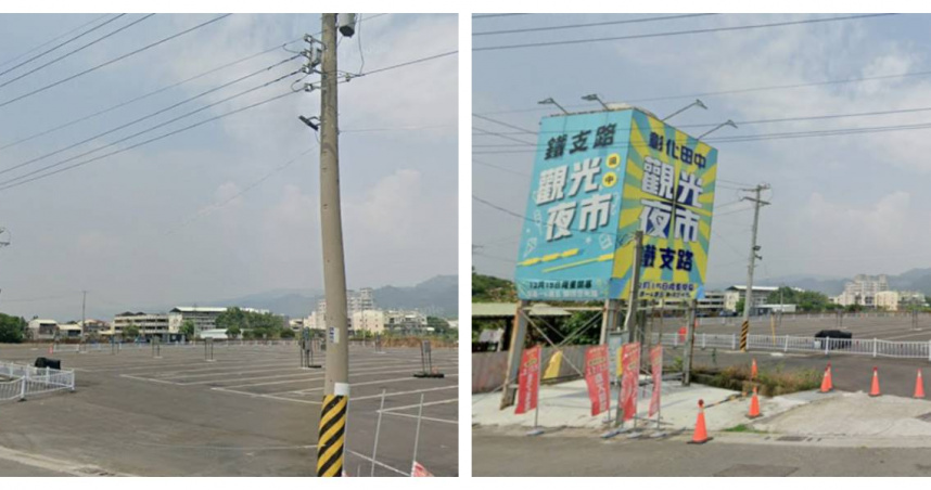 田中秧夜市占地超過4000坪，卻出現「全場只剩一盞攤位燈」的冷清景象，引發在地人討論。（圖／翻攝自Google Maps）