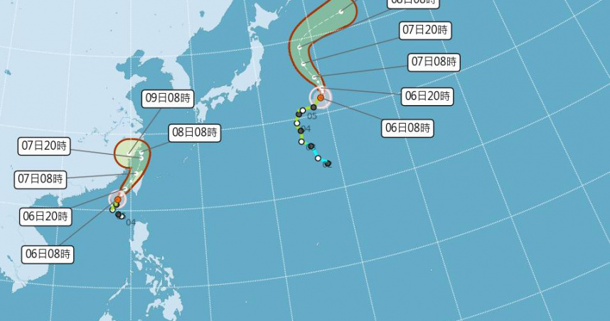 第4號颱風「丹娜絲」已於今天（6日）上午11時增強為中度颱風，暴風圈亦略為擴大。（圖／氣象署）