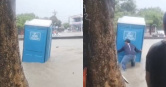 哥倫比亞近日遭遇猛烈暴雨侵襲，一名男子才剛坐進流動廁所準備如廁時卻被暴洪沖走。（圖／翻攝X）