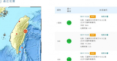 花蓮下午連4震 壽豐鄉發生芮氏規模最大5.3