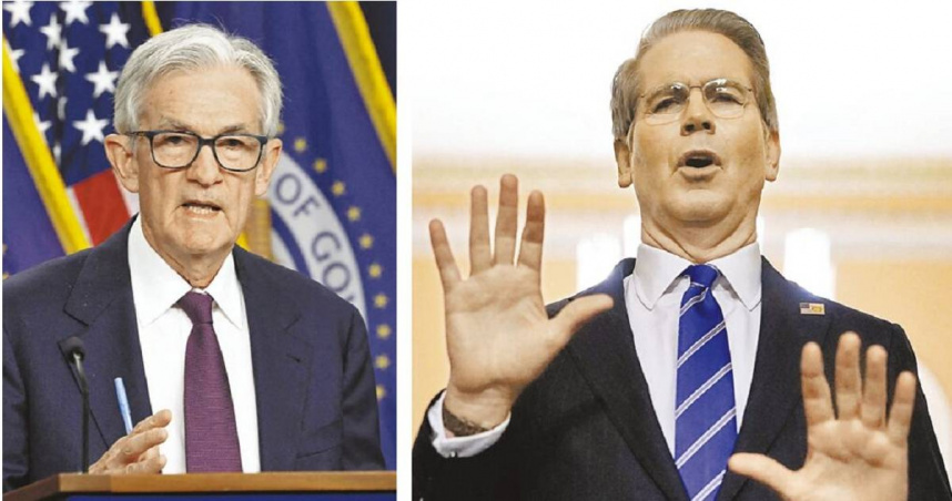 美國聯準會主席鮑爾（左）強調，若非川普推動大規模關稅政策，早就降息。美國財政部長貝森特（右）則預測9月前會降息。（圖／路透）