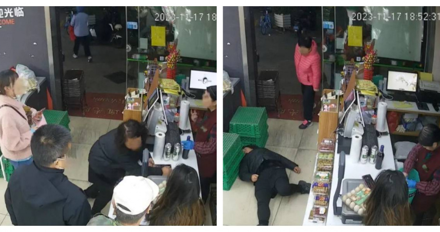 上海一名47歲女子在便利店退貨爭執時倒地，隔日不治身亡。（圖／監視器畫面）