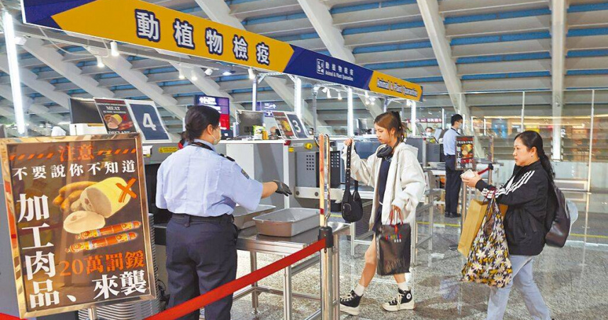 非洲豬瘟衝擊台灣畜牧業及餐飲業，未來疫情是否擴散引發關注，在桃園機場入境管制區內的手檢站，防疫人員正在檢查旅客的隨身行李。（圖／中國時報范揚光攝）