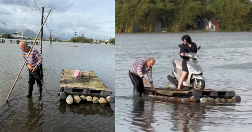 宜蘭大淹水「護理師冒險登竹筏」上班。（圖／翻攝自臉書＠a601006）