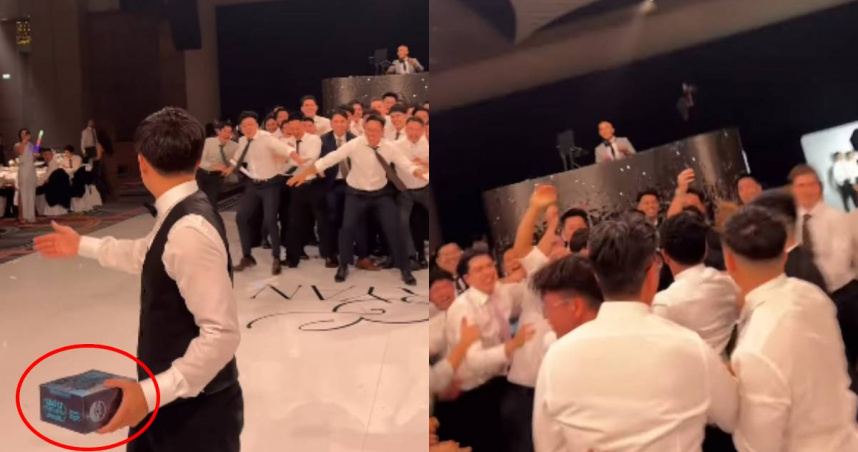 婚禮現場改丟寶可夢卡牌禮盒，大批男賓紛紛撲上前搶奪。（圖／翻攝自IG／chubfk_）