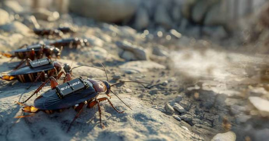 背著迷你攝影機的「間諜蟑螂」可在廢墟與地下通道中穿梭，成為AI時代最詭異的偵察兵。（圖／路透社網頁）