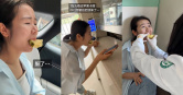 姜姓女子大口吃蘋果，導致下巴脫臼。（圖／翻攝自抖音）