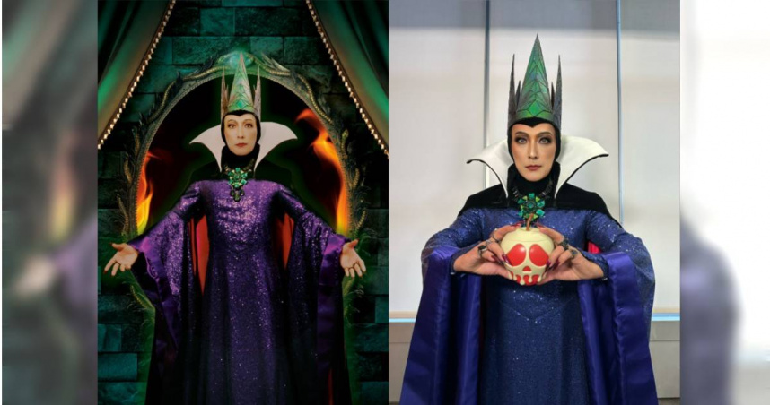 潘若迪扮裝神還原白雪公主壞皇后，喊話要跟蓋兒加尬美貌。（圖／迪士尼提供）