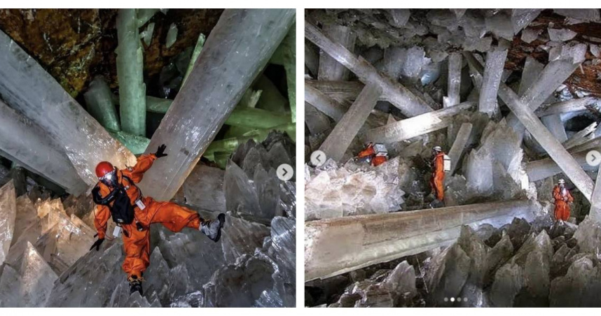 墨西哥Naica礦坑下的水晶洞，被譽為地球最壯觀的地質秘境，但極端高溫與濕度使人難以久留，成為科學家專屬的「死亡禁區」。（圖／翻攝自X）