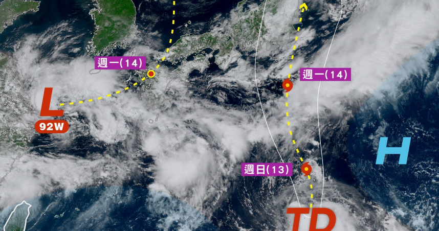 氣象專家透露，準颱風「百合」預計沿著副熱帶高壓邊緣北上，另個熱帶系統也在增強中。（圖／翻攝自臉書／台灣颱風論壇｜天氣特急）