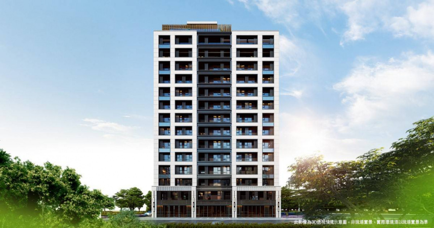 簡約垂直線條勾勒現代美學建築語彙，坐落靜巷綠意環抱之中，國美瑞安以純粹姿態，成就都會生活的靜謐藏品。（圖／業者提供）